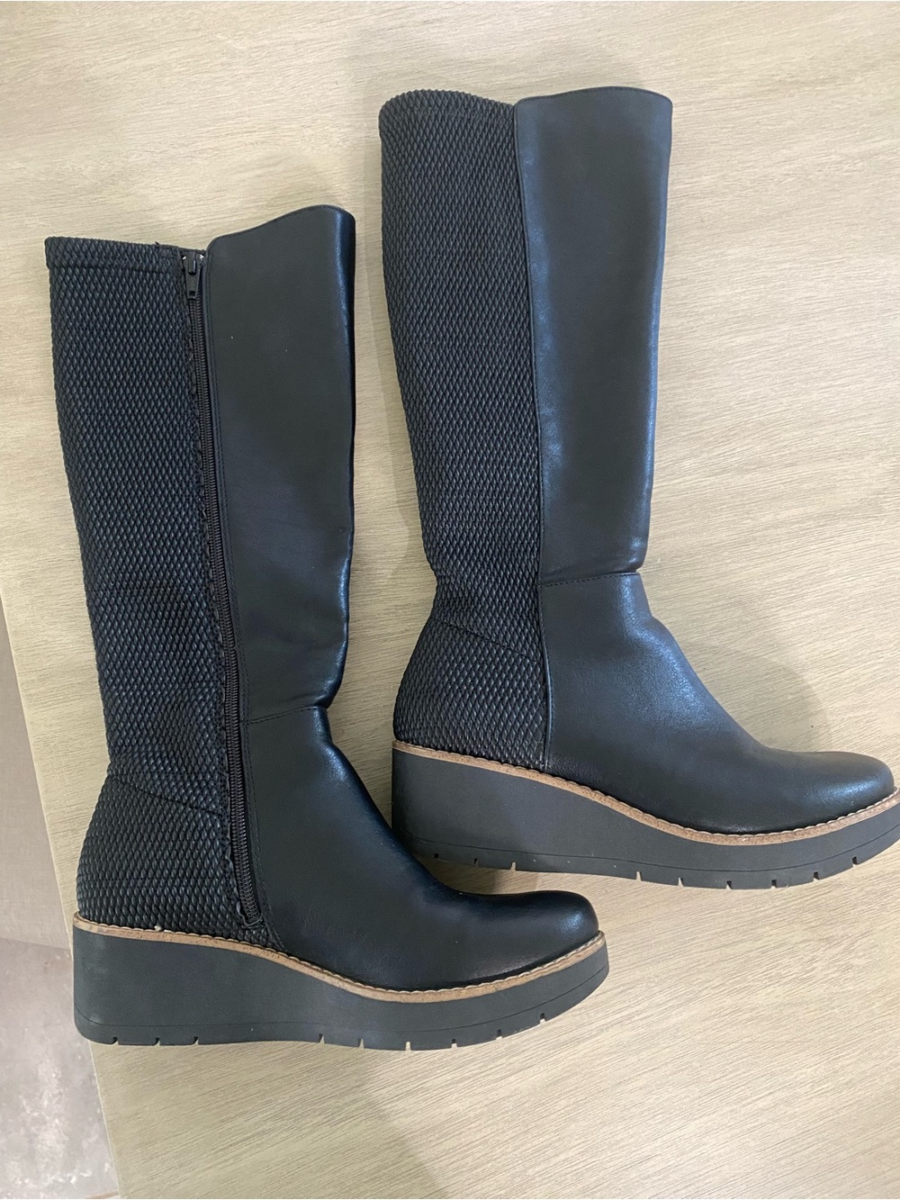 New (no box) Eurosoft Women's Black Wedge Knee-High Boots with Textured Panel